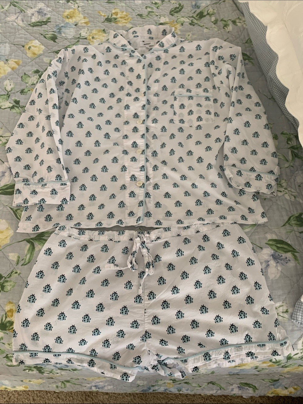 Marigot Women's White Pajama Set with Teal Ladybug Print
